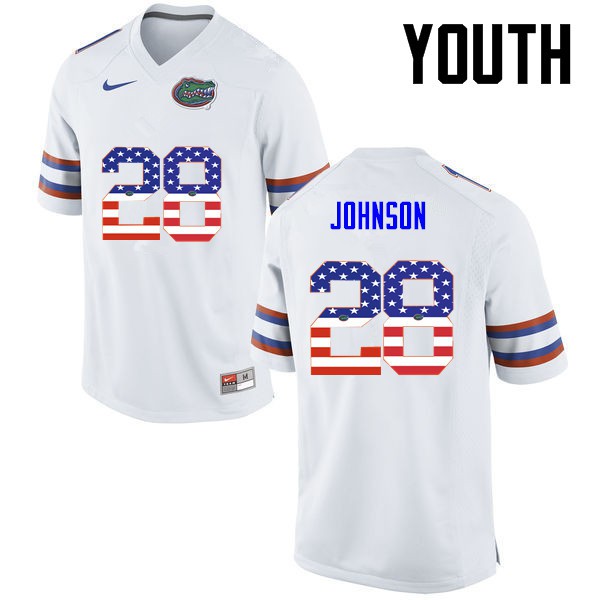 Florida Gators Youth #28 Kylan Johnson College Football USA Flag Fashion White